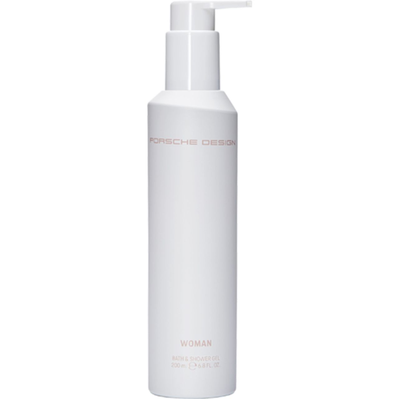 Weiße Flasche mit Pumpverschluss. Aufschrift: PORSCHE DESIGN, WOMAN. Bath & Shower Gel.