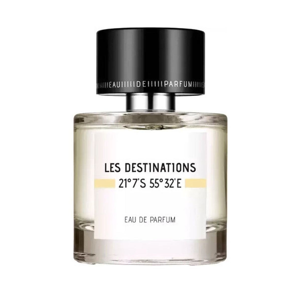 Parfümflasche mit schwarzem Deckel. Auf dem Etikett steht "LES DESTINATIONS 21°7'S 55°32'E". Darunter "EAU DE PARFUM".