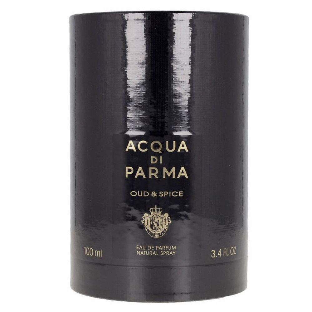 Zylindrische schwarze Verpackung mit ACQUA DI PARMA OUD & SPICE. 100 ml, 3.4 FL OZ. Schwarzer Deckel.