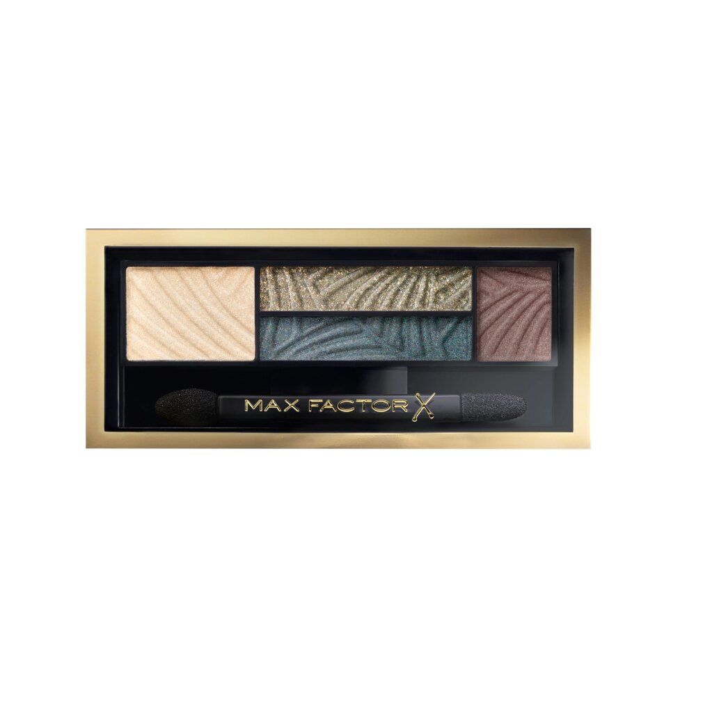 Lidschatten-Palette mit fünf Farbtönen. Goldfarbener Rahmen, schwarzer Applikator. Marke: Max Factor.