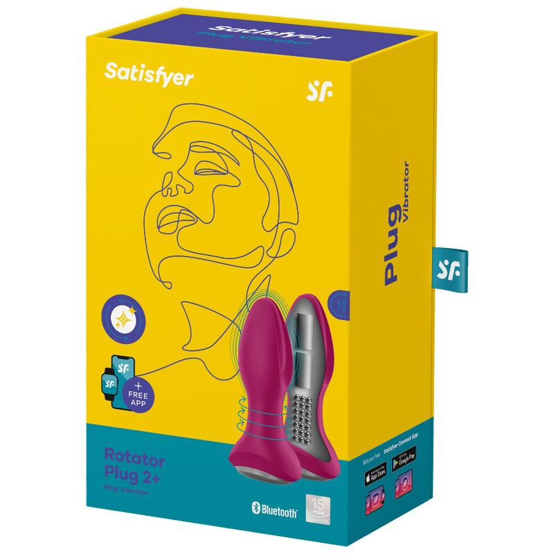 Gelbe Verpackung mit Produktabbildung. Aufschrift: Satisfyer, Plug Vibrator, Rotator Plug 2+. Bluetooth.