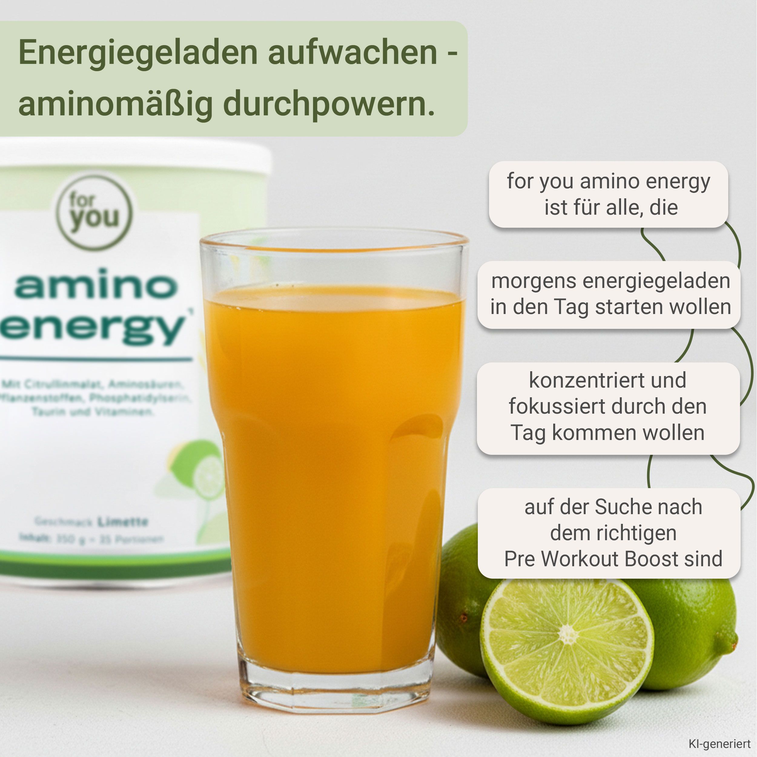 Glas mit Orangengetränk, daneben eine Dose 'for you amino energy' und Limetten.
