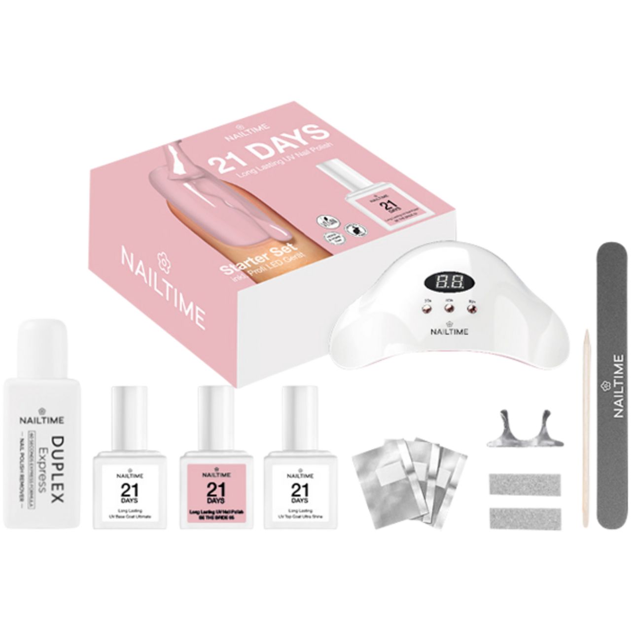 Nailtime 21 Days Starter Set. Rosa Box mit Nagellack, UV-Lampe, Feile, Zubehör. Aufschrift: Duplex Express.