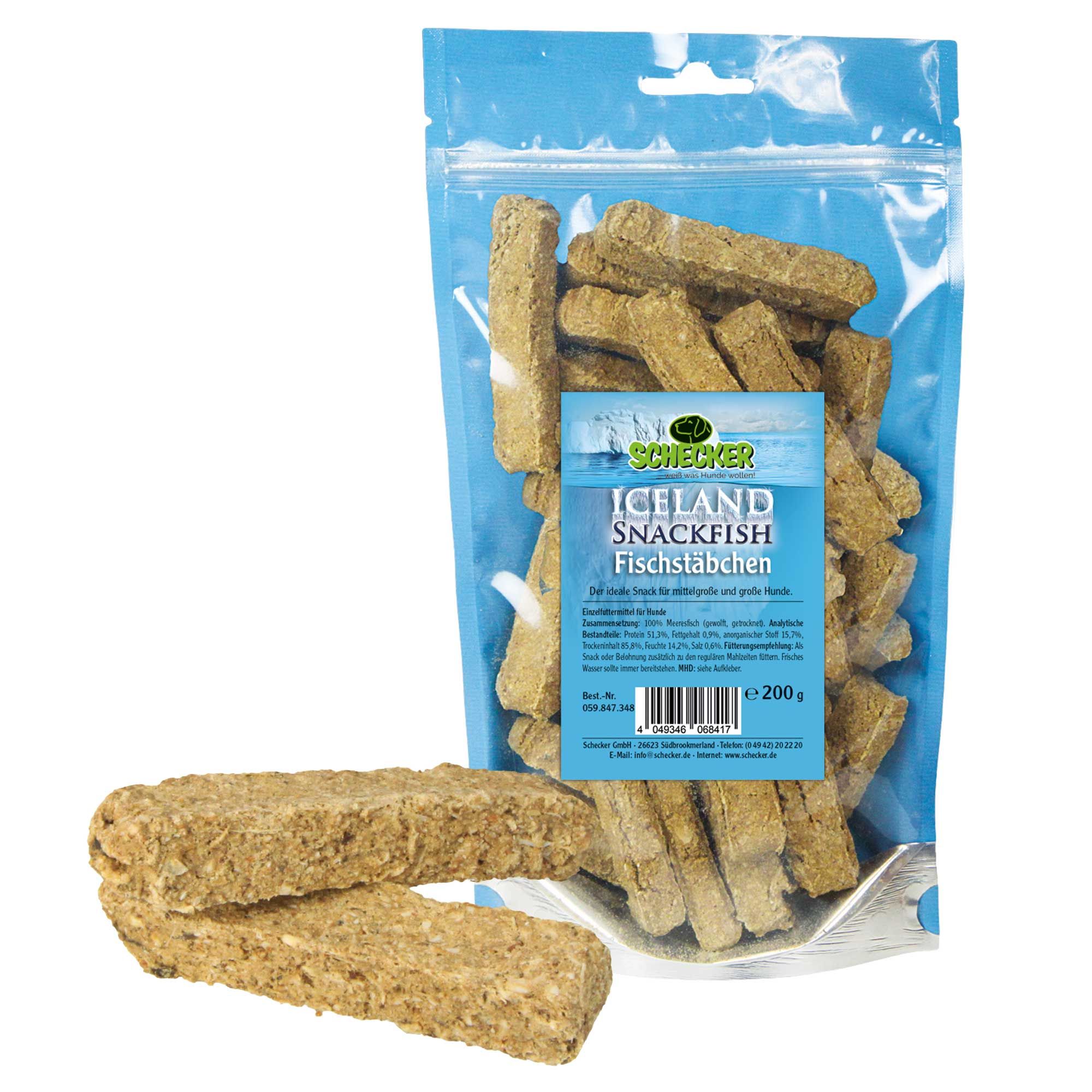 Verpackung mit Fischstäbchen-Snack und lose Fischstäbchen. Blaue Verpackung mit Produktnamen und Logo. Lose, rechteckige Fischstäbchen.