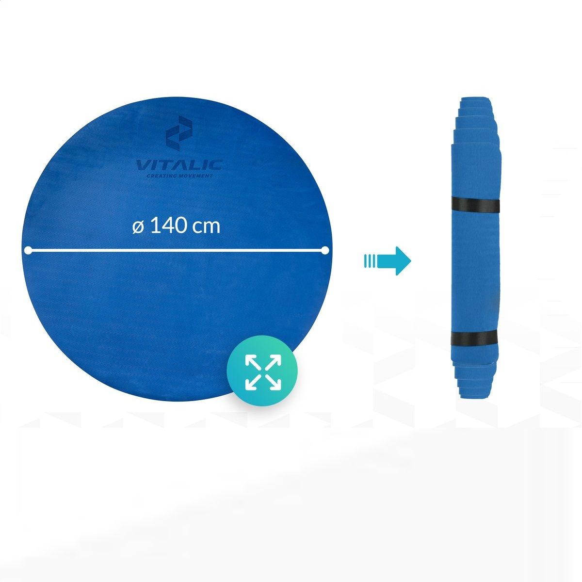 Blauer, runder Yogamatte, Durchmesser 140 cm. VITALIC-Logo. Aufgerollt daneben.