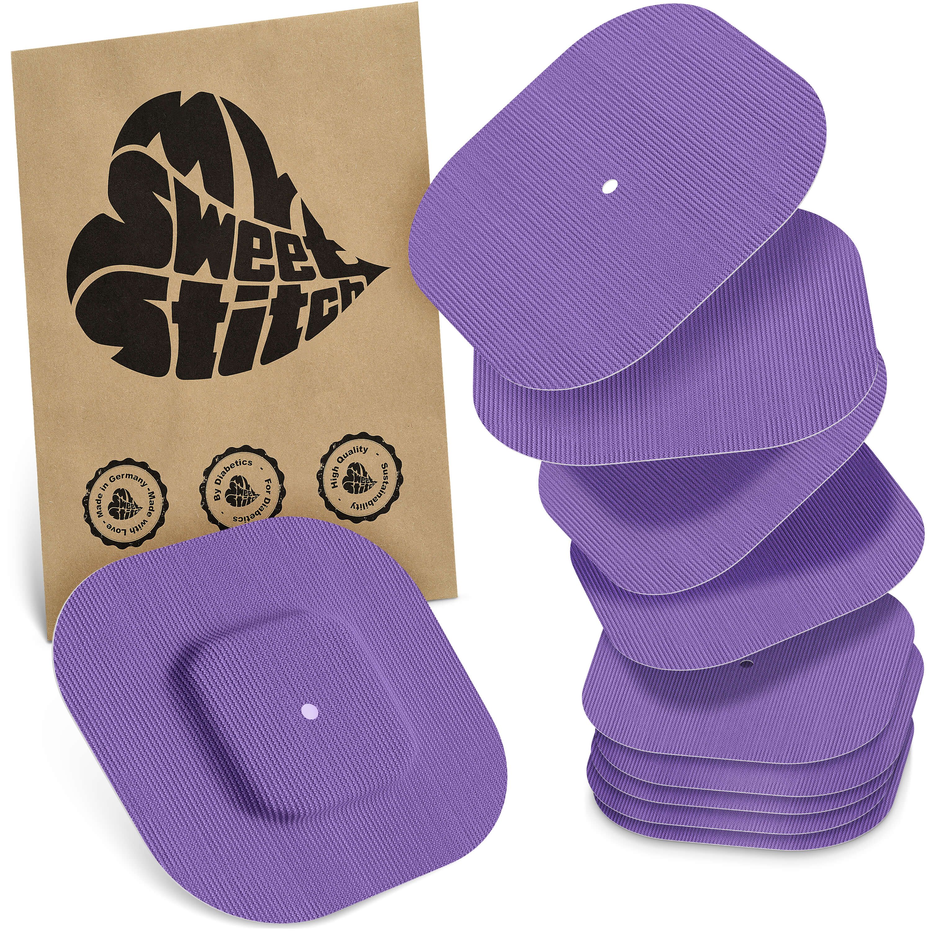 Verpackung mit Logo "MySweetStitch". Lila quadratische Pflaster mit zentralem Loch. Mehrere Pflaster gestapelt.