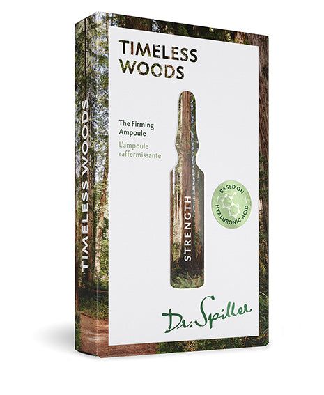 Verpackung von Dr. Spiller Timeless Woods Strength Ampullen. Weißer Hintergrund mit Ampullen-Illustration. Text: Timeless Woods, Strength, Dr. Spiller.