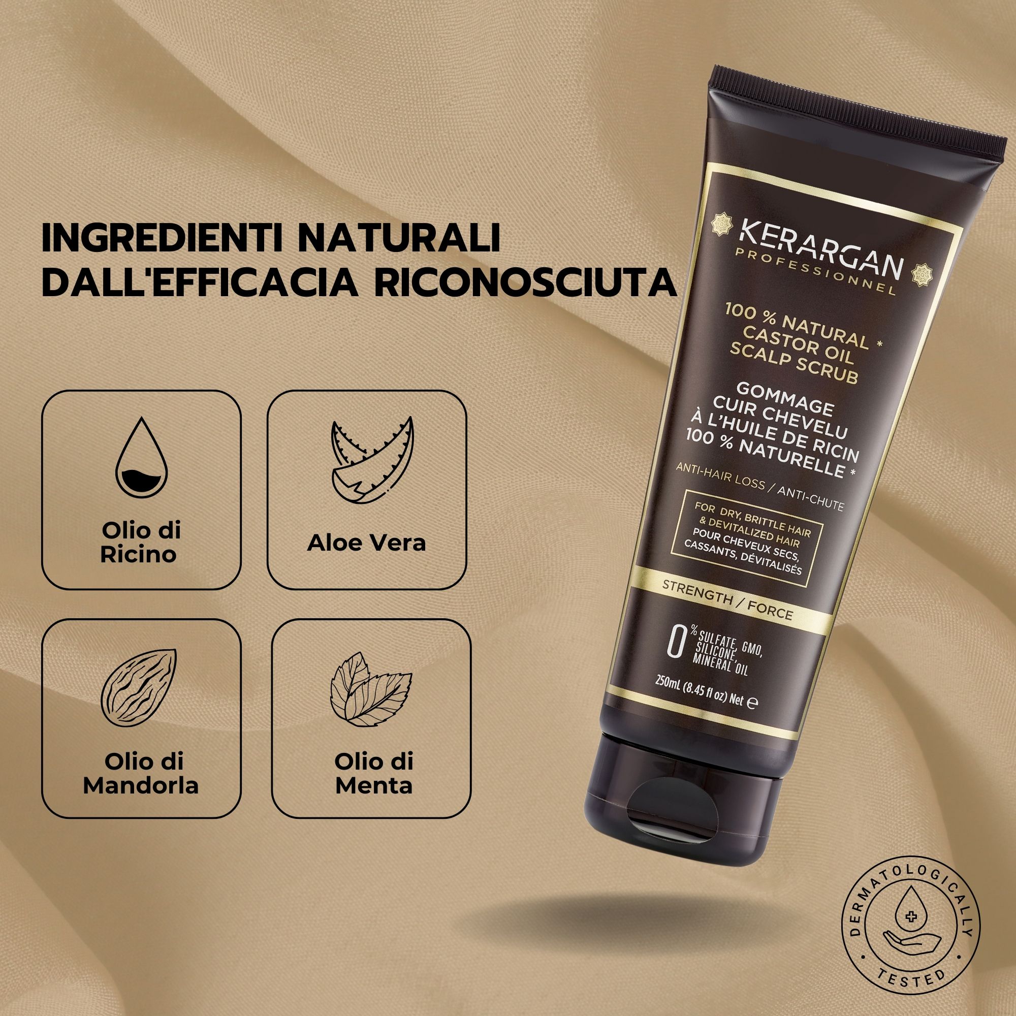 Tubo marrone con tappo nero. Scritta: Kerargan, gommage cuoio capelluto all'olio di ricino 100% naturale.