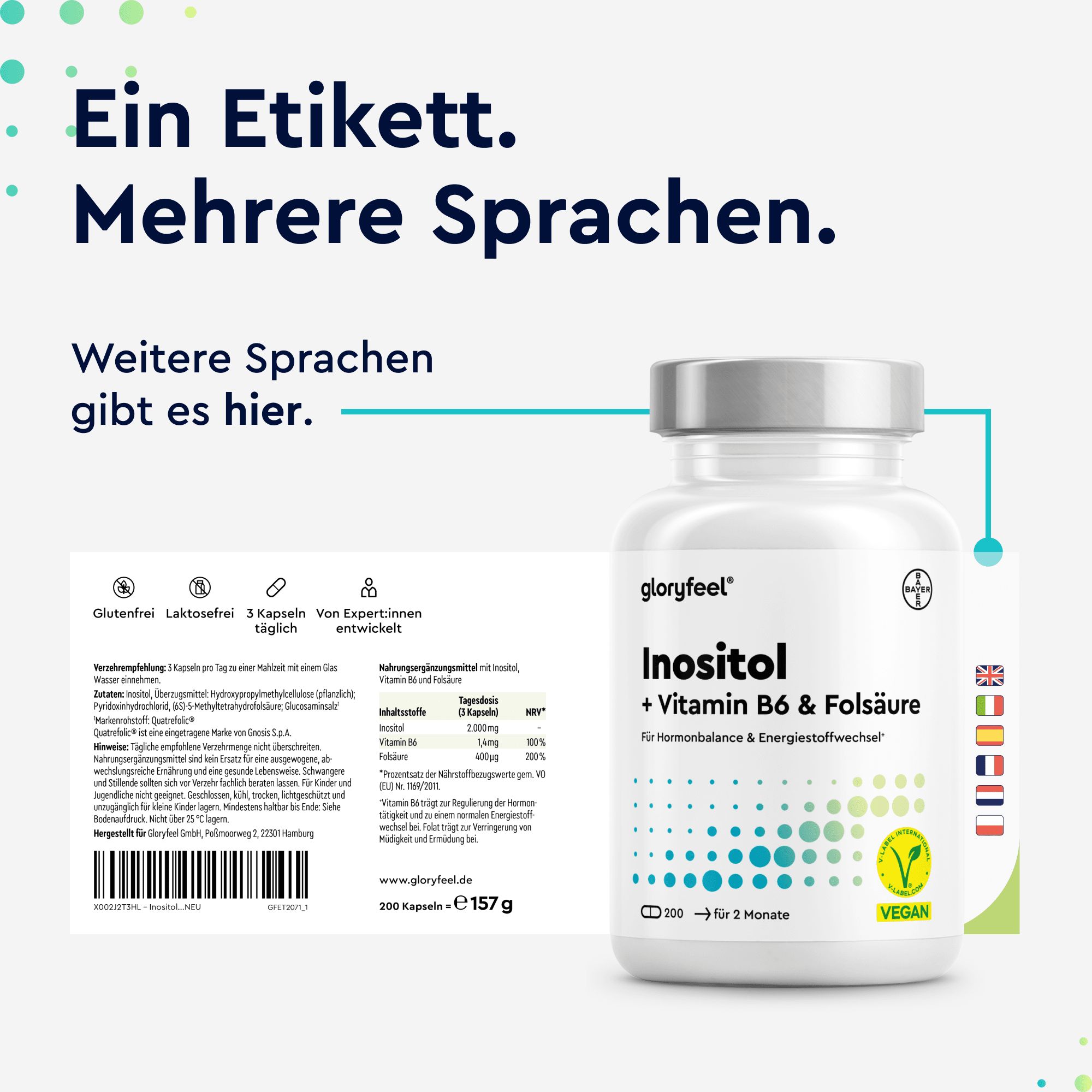 Flasche mit Kapseln. Text: Ein Etikett. Mehrere Sprachen. Etikett mit Text.