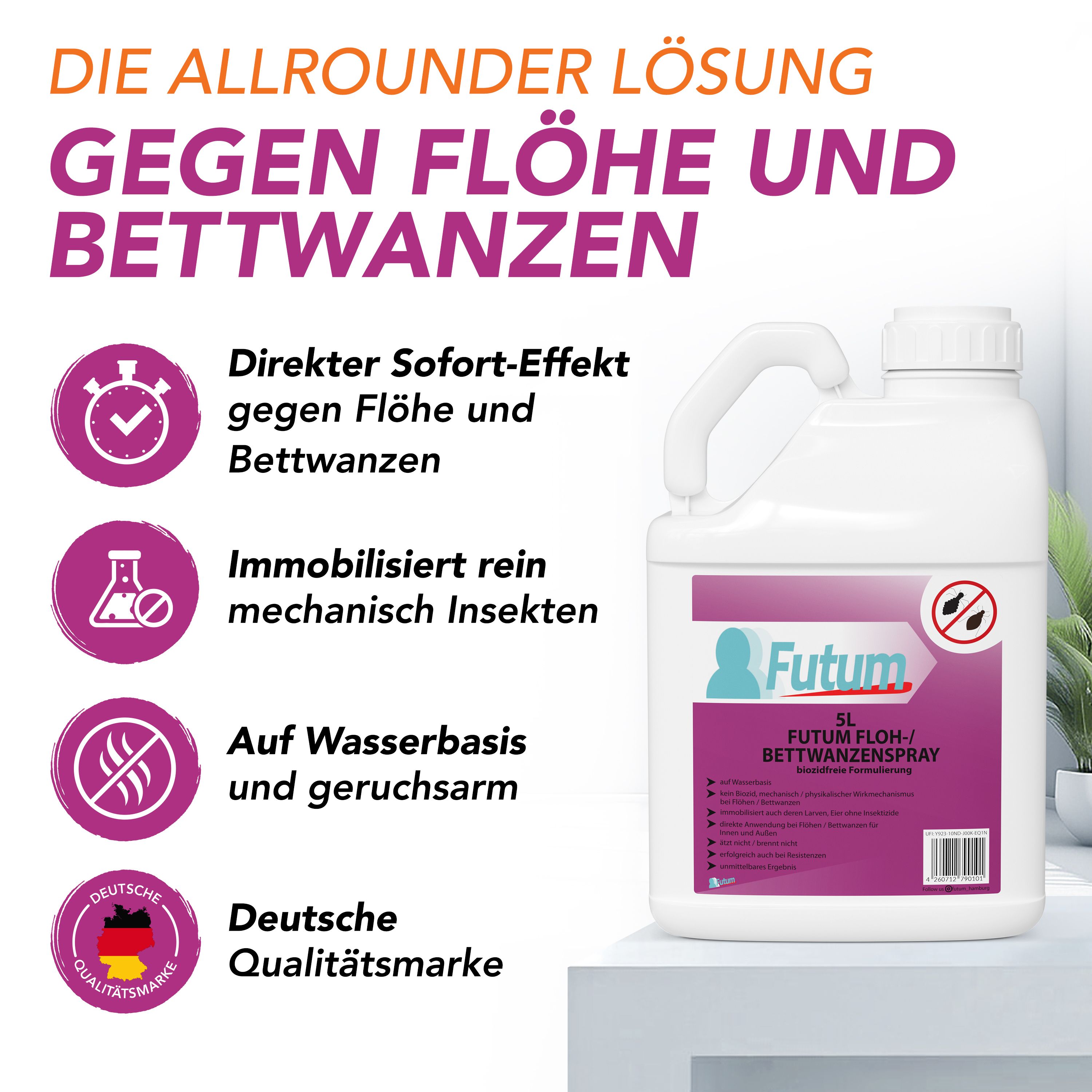 Eine weiße 5L Flasche mit dem Logo FUTUM und Text. Text: Direkter Sofort-Effekt gegen Flöhe und Bettwanzen.