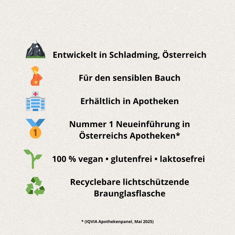 Liste von Vorteilen: Entwickelt in Österreich, 100% vegan, recycelbare Flasche.