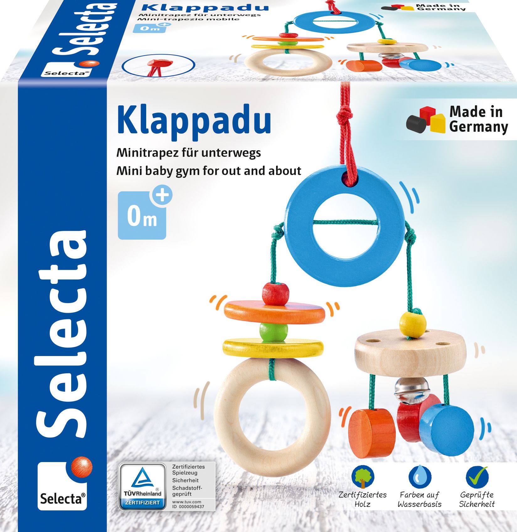 Verpackung von Babywelt Klappadu. Holzspielzeug mit bunten Elementen. Marke Selecta, Zertifizierungen.