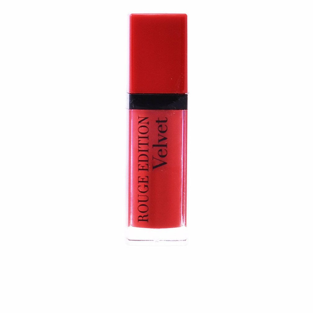 Roter Lippenstift in rechteckiger Flasche. Schwarzer Deckel mit roter Kappe. Aufschrift: Rouge Edition Velvet.