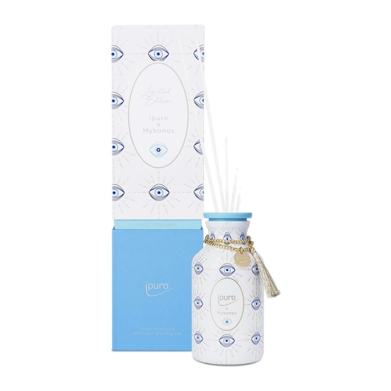 Raumduft-Diffusor mit Augenmuster, goldener Kette und Quaste. Inklusive Verpackung mit Augenmuster und Produktnamen.
