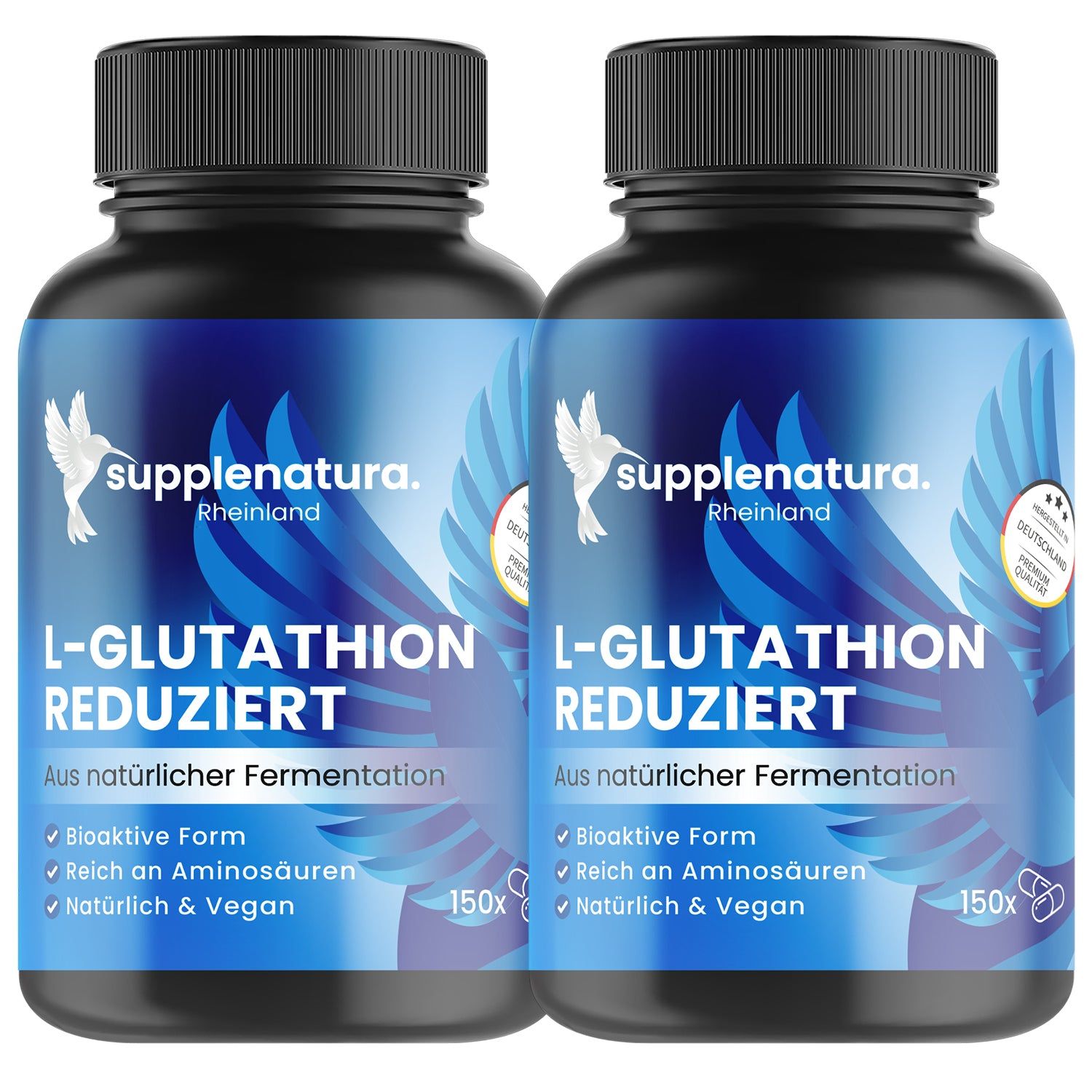 Zwei Flaschen supplenatura Rheinland® L-Glutathion Kapseln. Blaue Etiketten mit weißer Schrift. Schwarze Deckel. 150 Kapseln pro Flasche.