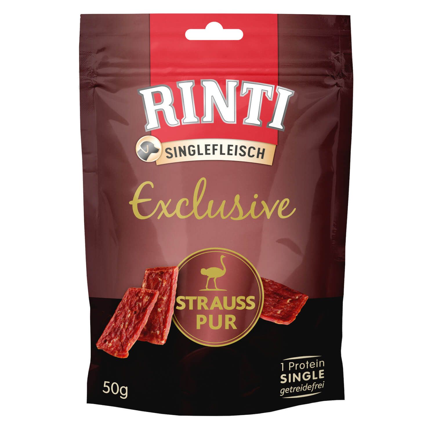 Verpackung mit Rinti Singlefleisch Exclusive Snack Strauß Pur. Braune Tüte mit Produktabbildung und Text. 50g, 1 Protein, getreidefrei.