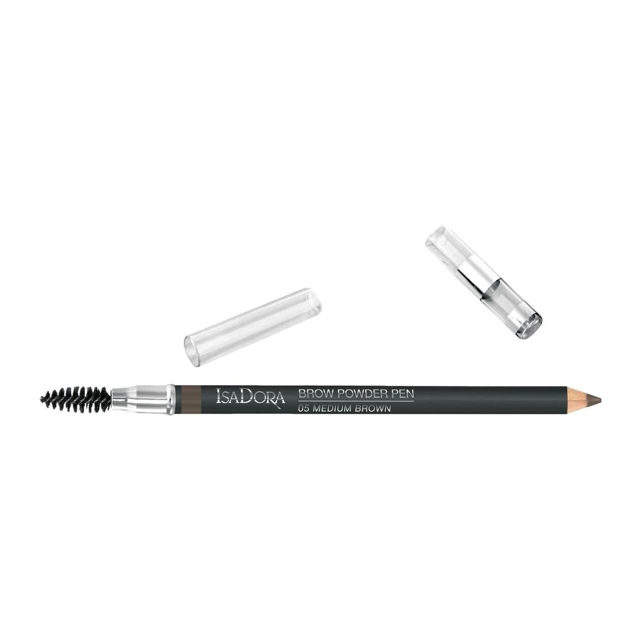 IsaDora Brow Powder Pen, schwarz. Mit Bürste und Kappen. '05 Medium Brown' Text.