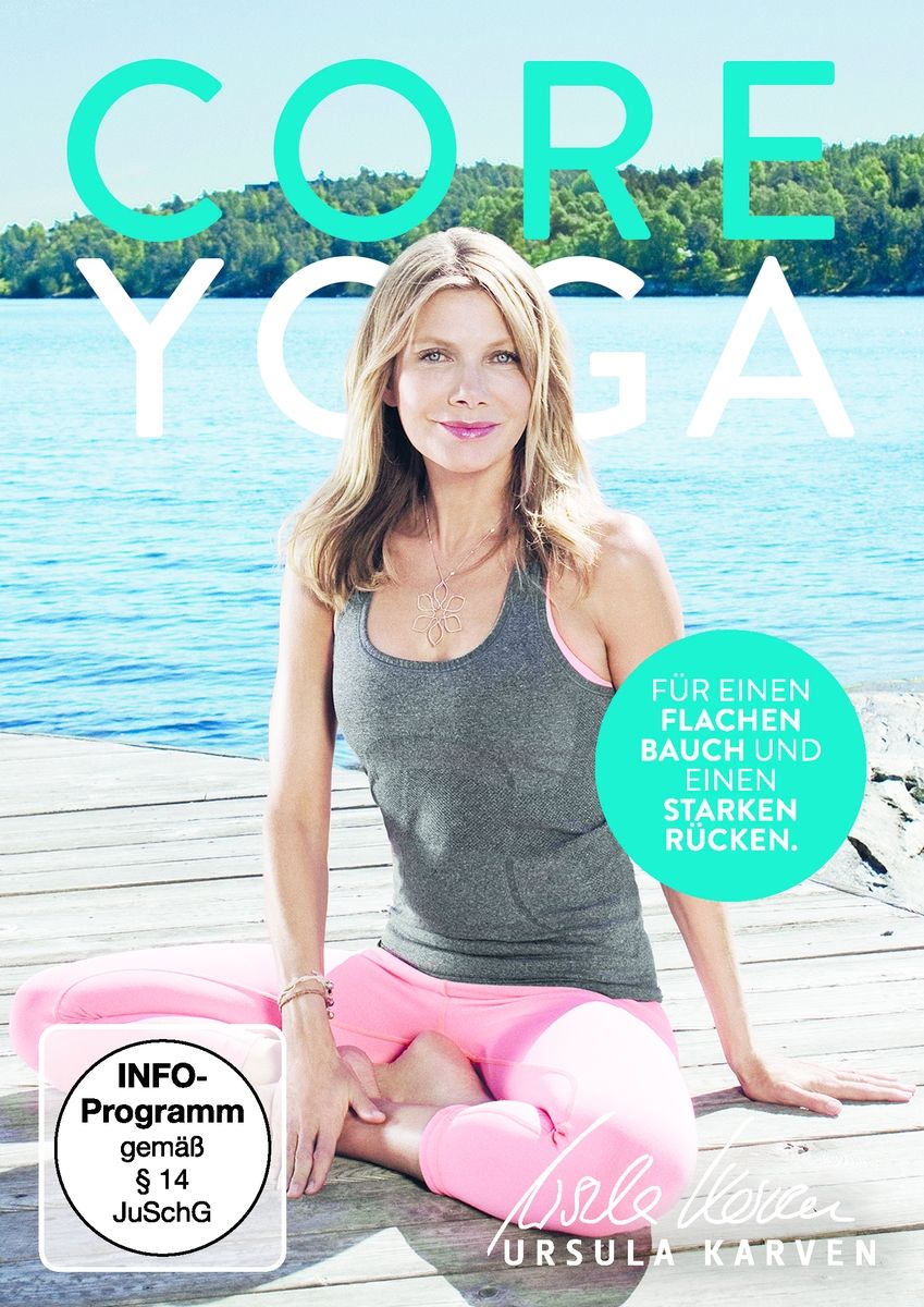 DVD Core Yoga. Frau sitzt im Schneidersitz. Aufschrift: Für einen flachen Bauch und einen starken Rücken. Info-Programm gemäß § 14 JuSchG.