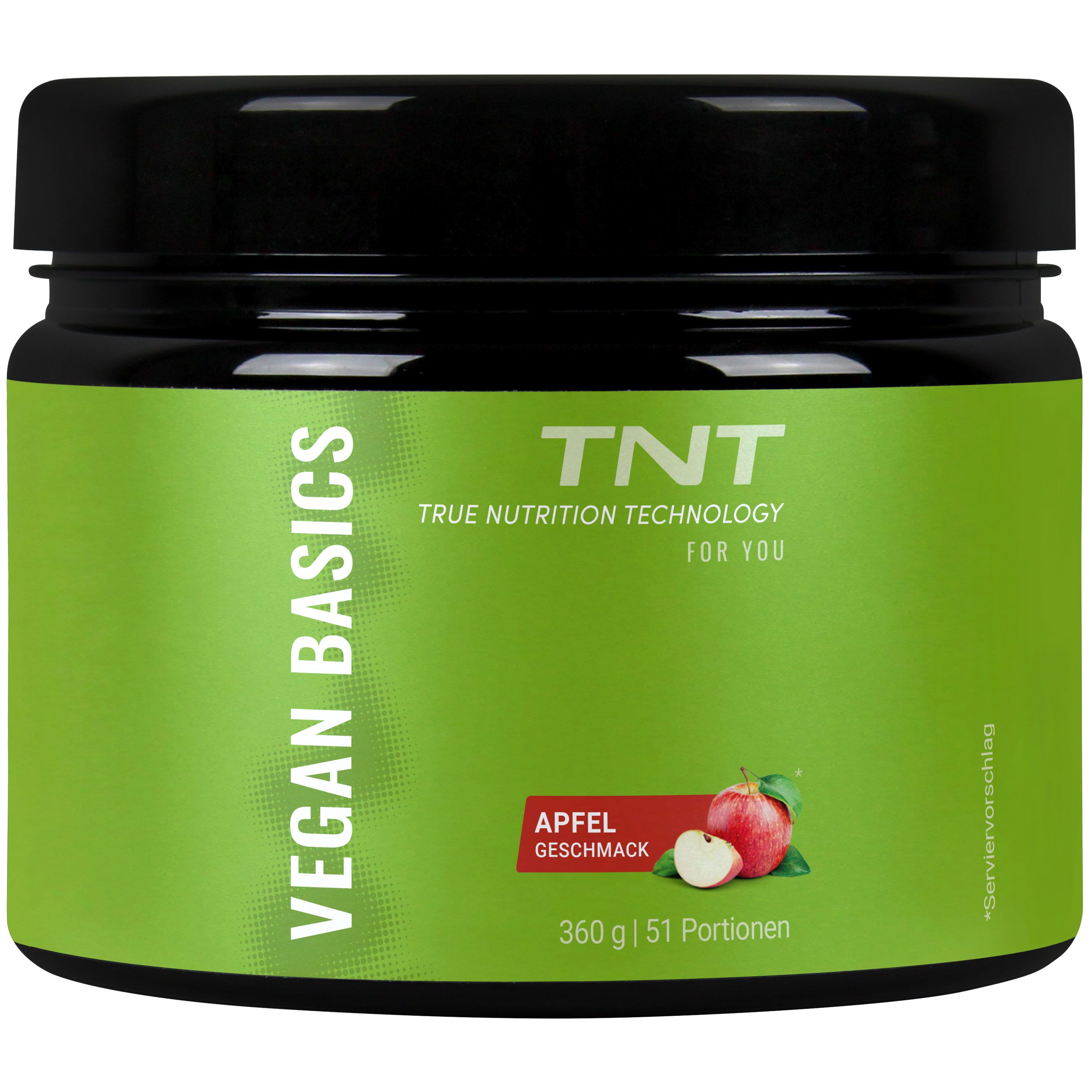 Grünes Glas mit TNT Vegan Basics. Aufschrift: Apfel Geschmack. 360g | 51 Portionen. Schwarzer Deckel.