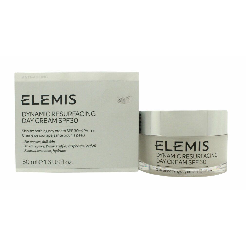 Cremebehälter und Schachtel. Aufschrift: Elemis Dynamic Resurfacing Day Cream SPF 30. Auf der Schachtel: 50 ml, Inhaltsstoffe. Französische Aufschrift.