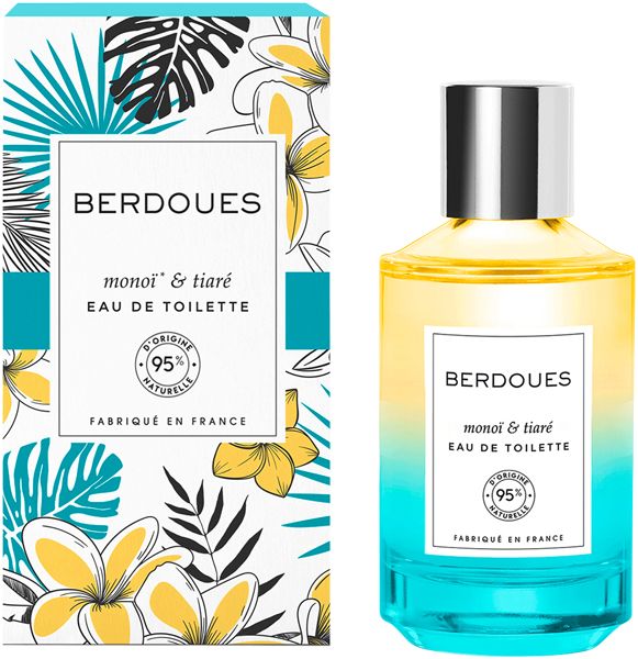 Flakon und Verpackung mit floralem Muster. Aufschrift: Berdoues, Monoi & Tiaré Eau de Toilette, 95% naturelle, Fabriqué en France.
