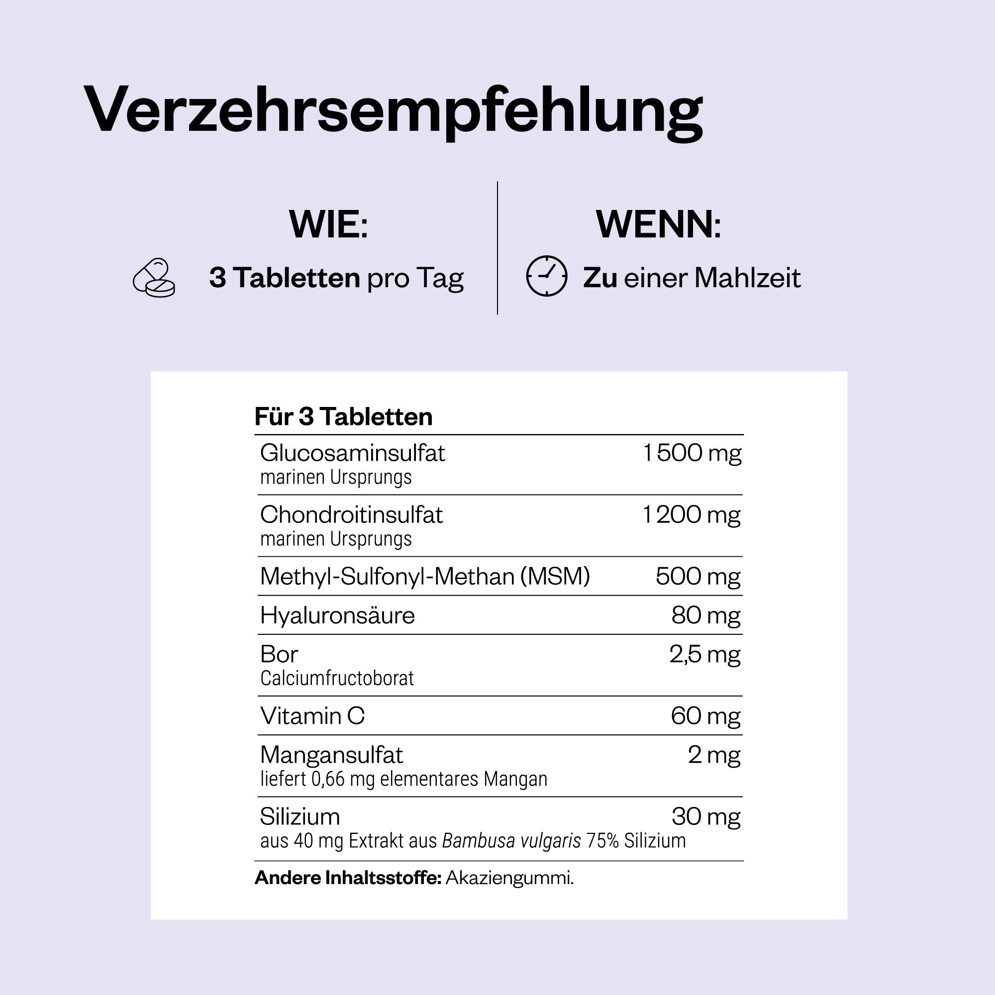 Tabelle mit Inhaltsstoffen für 3 Tabletten: Glucosaminsulfat, Chondroitinsulfat, MSM, Hyaluronsäure, Bor, Vitamin C, Mangansulfat, Silizium.