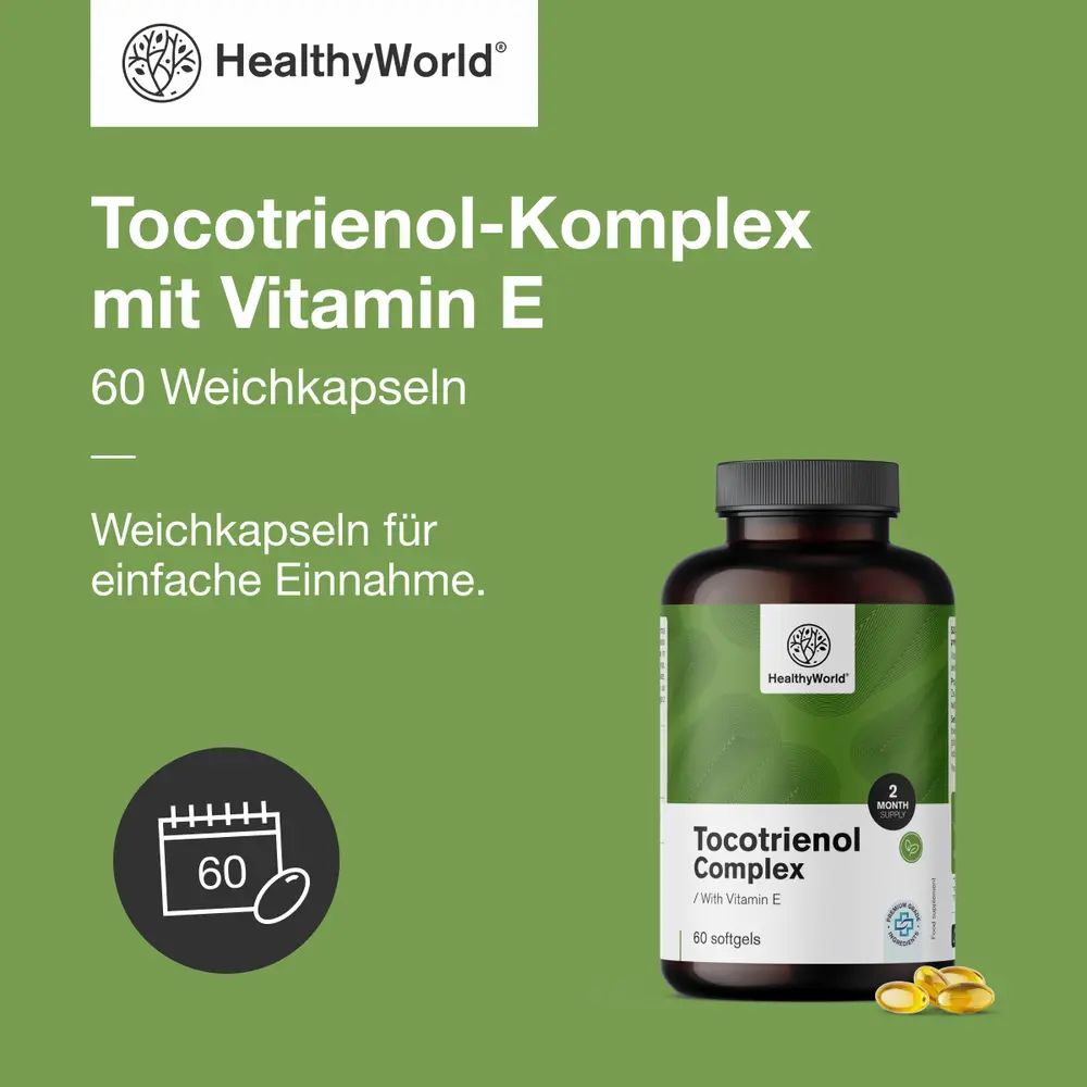 Text: Tocotrienol-Komplex mit Vitamin E, 60 Weichkapseln. Flasche mit Produktetikett. 60-Tage-Symbol. Gelbe Softgels.