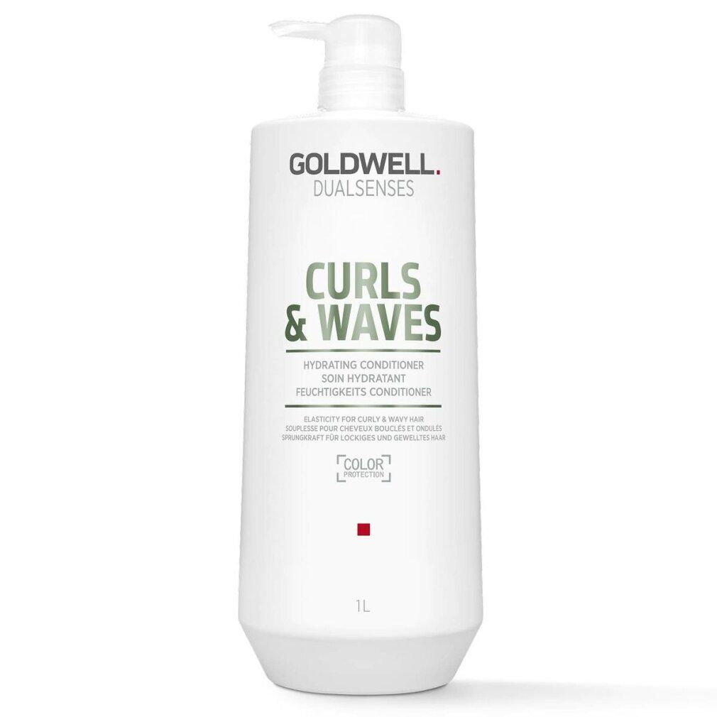 Weiße Flasche mit Pumpe. Aufschrift: Goldwell Dualsenses Curls & Waves Conditioner. 1L.
