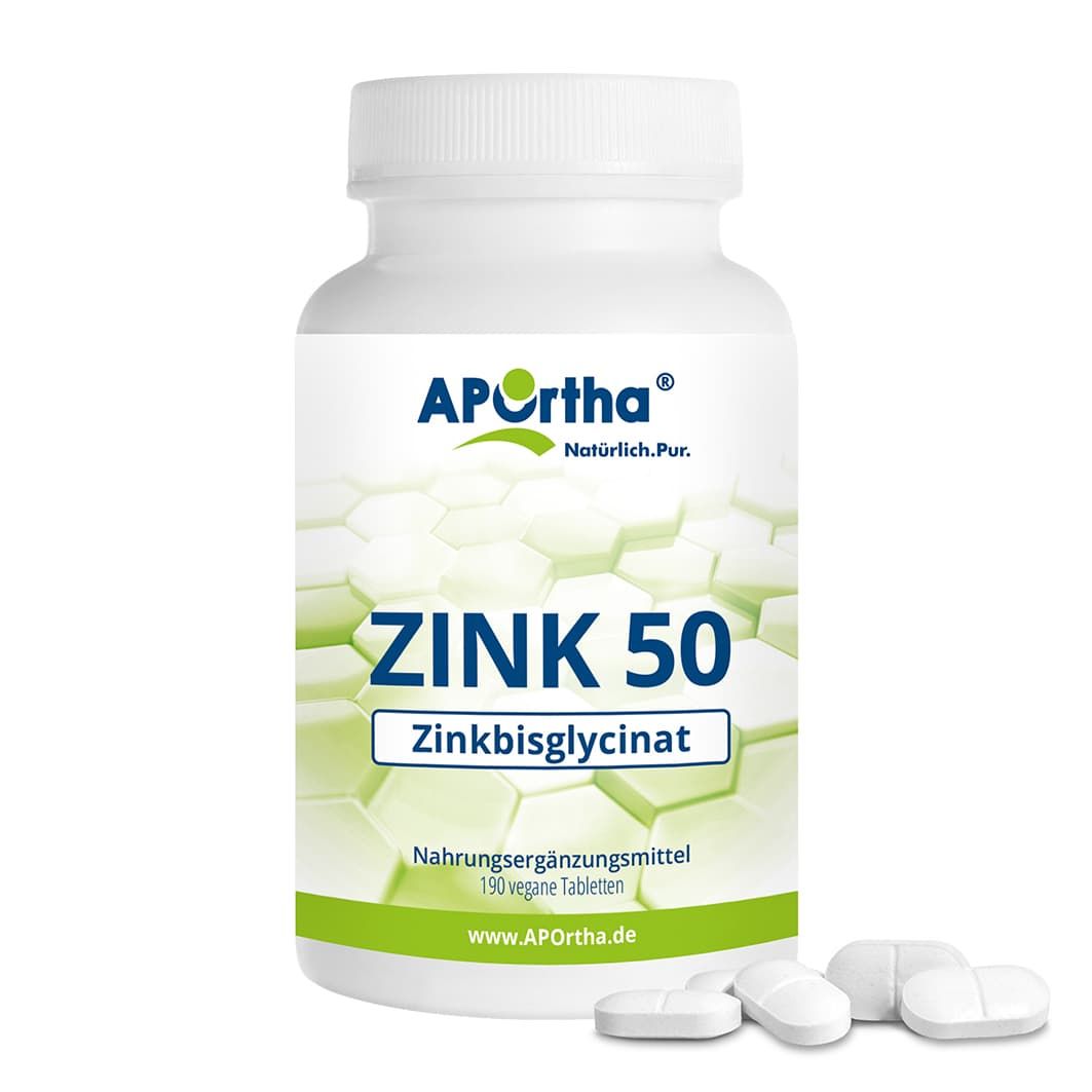 Weiße Flasche mit Zink 50 Tabletten. Einige Tabletten liegen daneben. Deutlich sichtbare Produktbezeichnung und Marke.