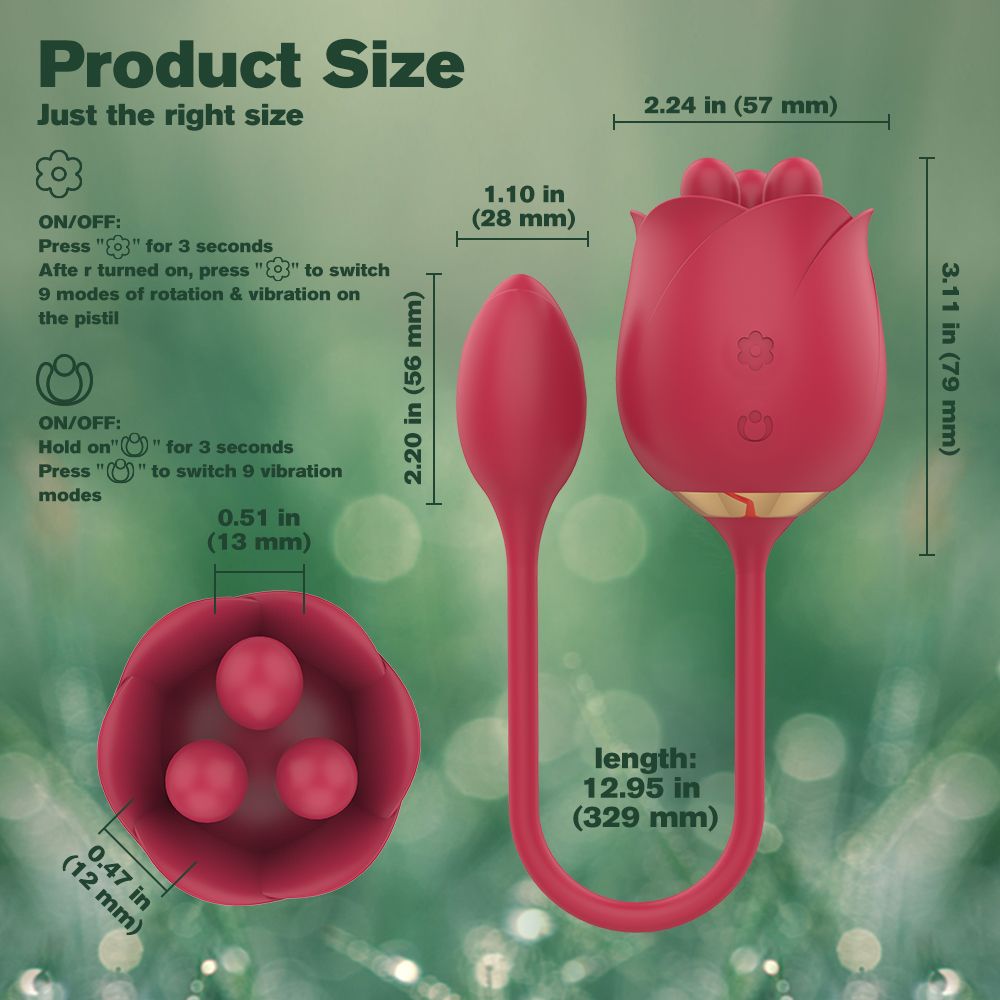 Rotes, rosenförmiges Produkt mit einem länglichen Teil und drei Kugeln. Abmessungen in Zoll und mm angegeben. Text: Product Size.