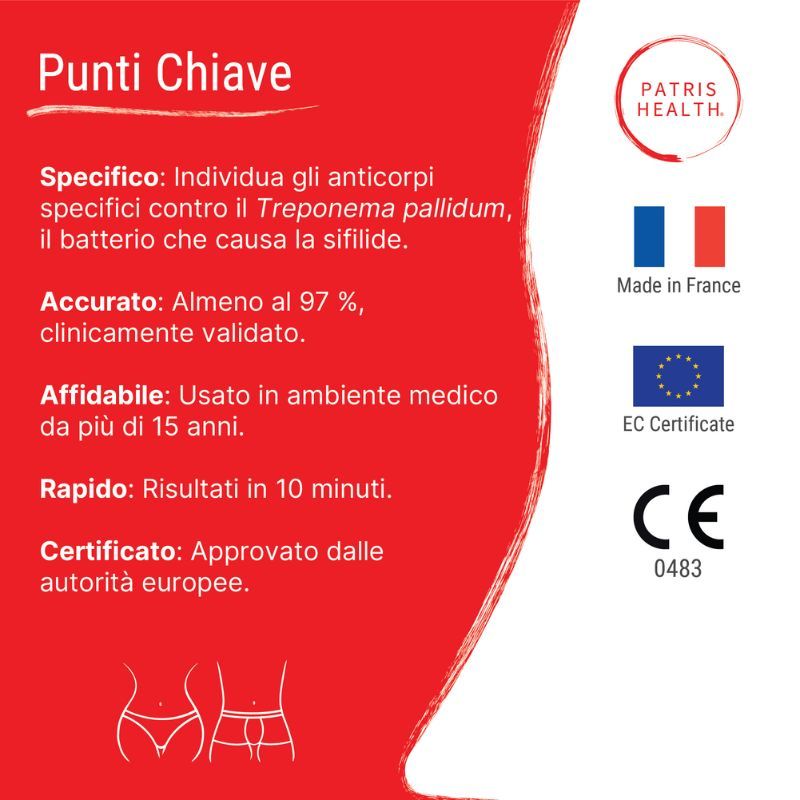 Punti chiave del test. Testo su sfondo rosso. Loghi: Patris Health, Made in France, marchio CE.