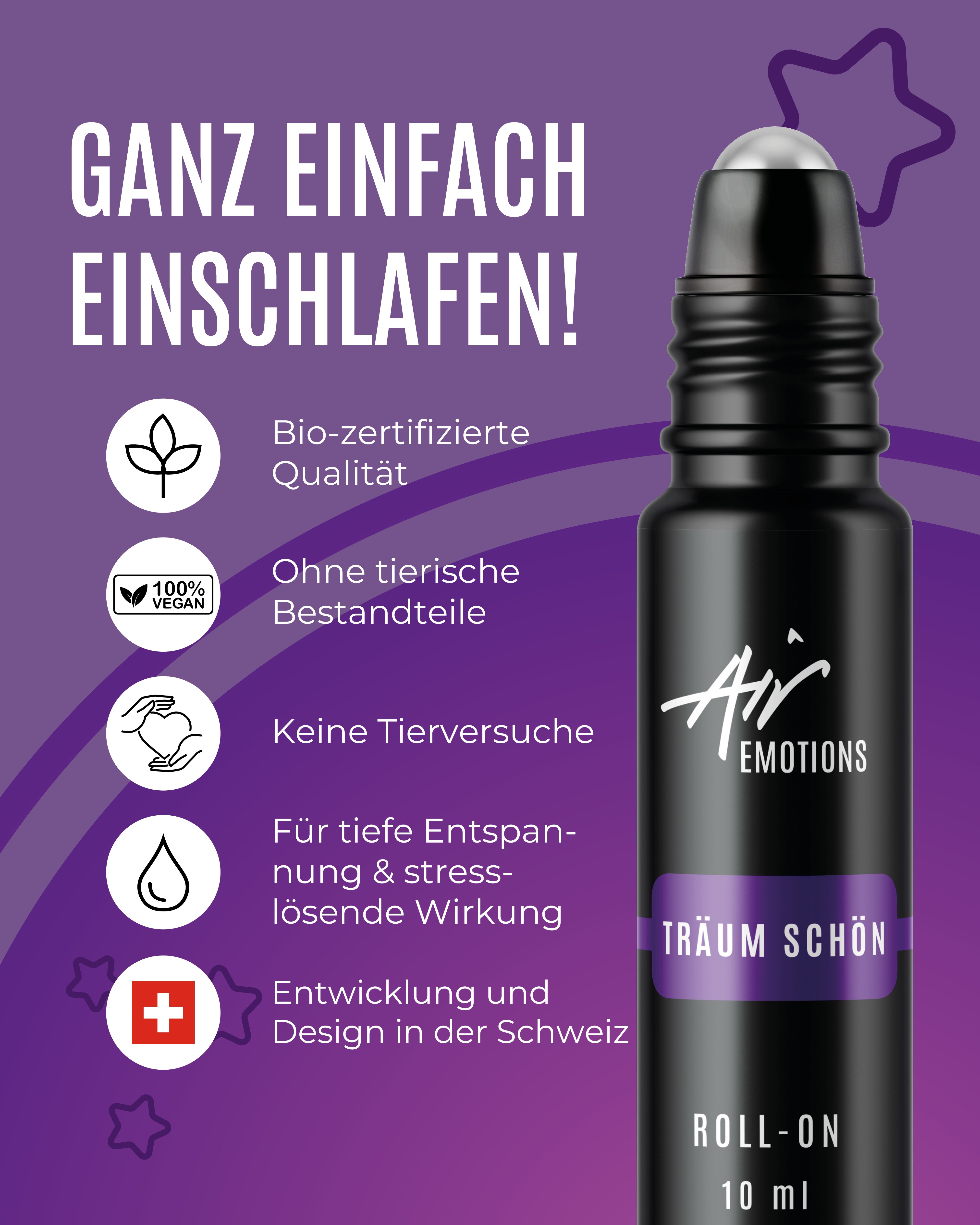 Schwarze Roll-On-Flasche mit Deckel. Aufschrift: Träum schön, Roll-On, 10 ml. Text: Bio-zertifizierte Qualität, ohne tierische Bestandteile, vegan.