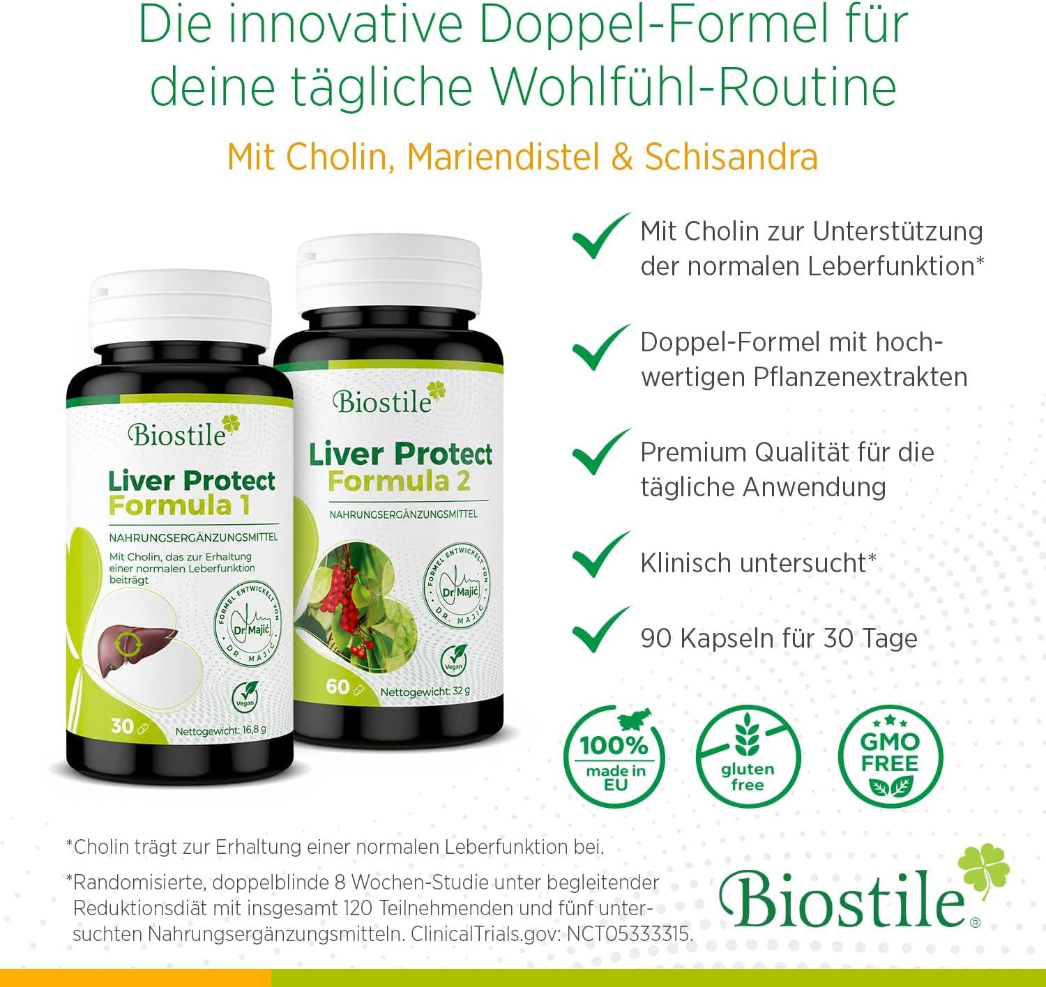 Zwei Flaschen Biostile Liver Protect Formula 1 und 2, Nahrungsergänzungsmittel, 30 und 60 Kapseln.