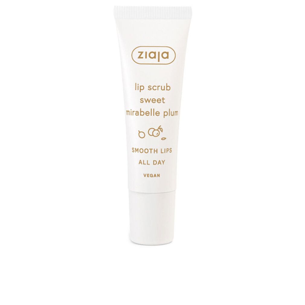 Weiße Tube mit Ziaja-Logo und Aufschrift "lip scrub sweet mirabelle plum". Vegan.
