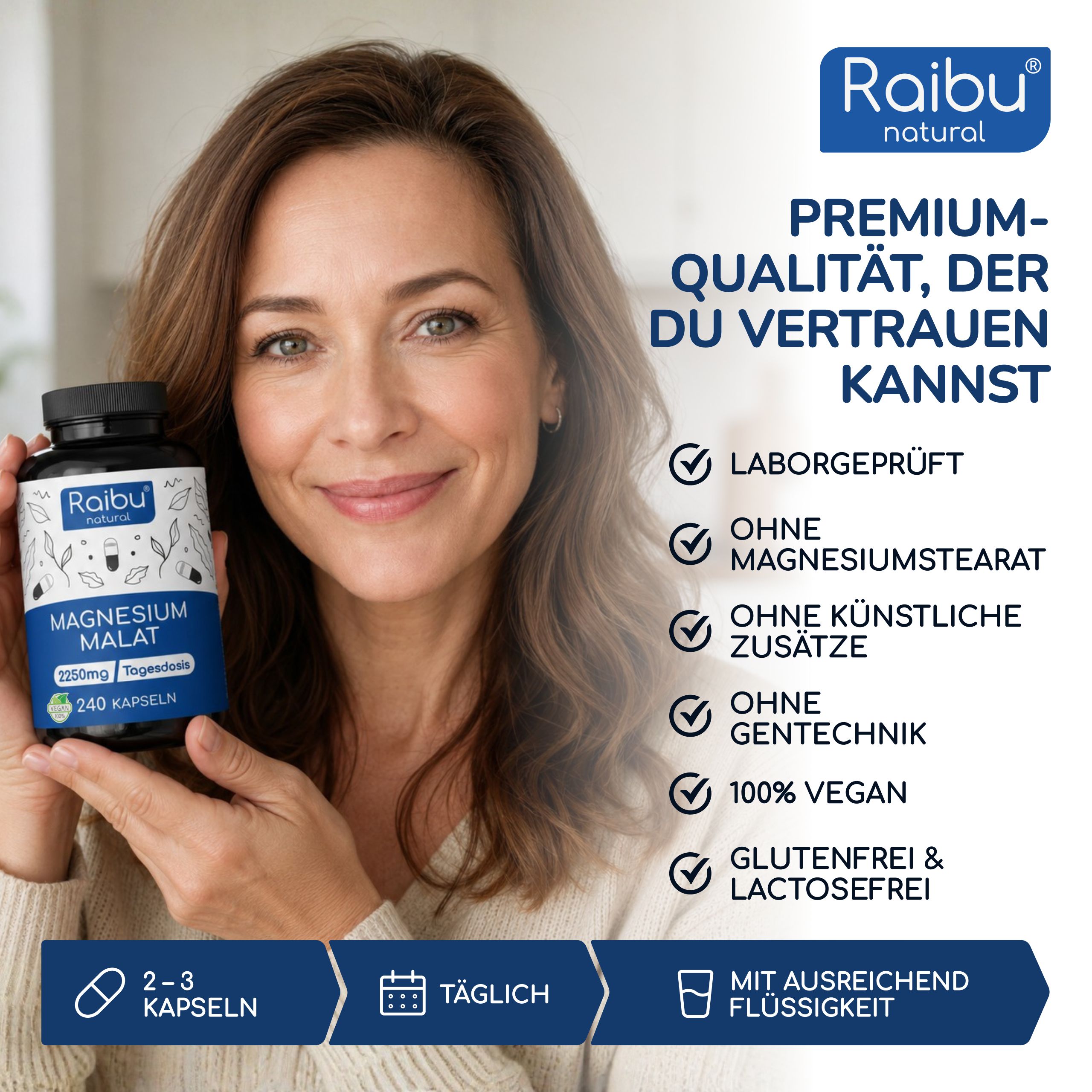 Raibu Natural Magnesium Malat Kapseln, 240 Stück.
