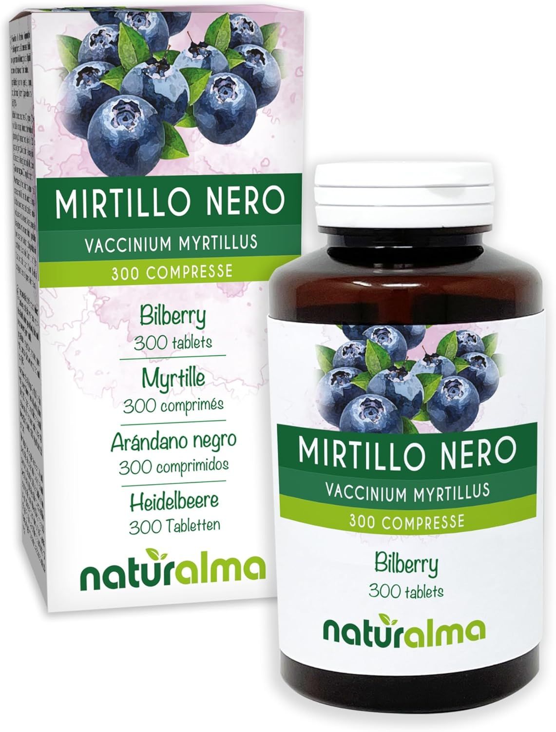 Produktverpackung mit Blaubeeren und Tablettenflasche. Naturalma-Logo und Produktbezeichnung.
