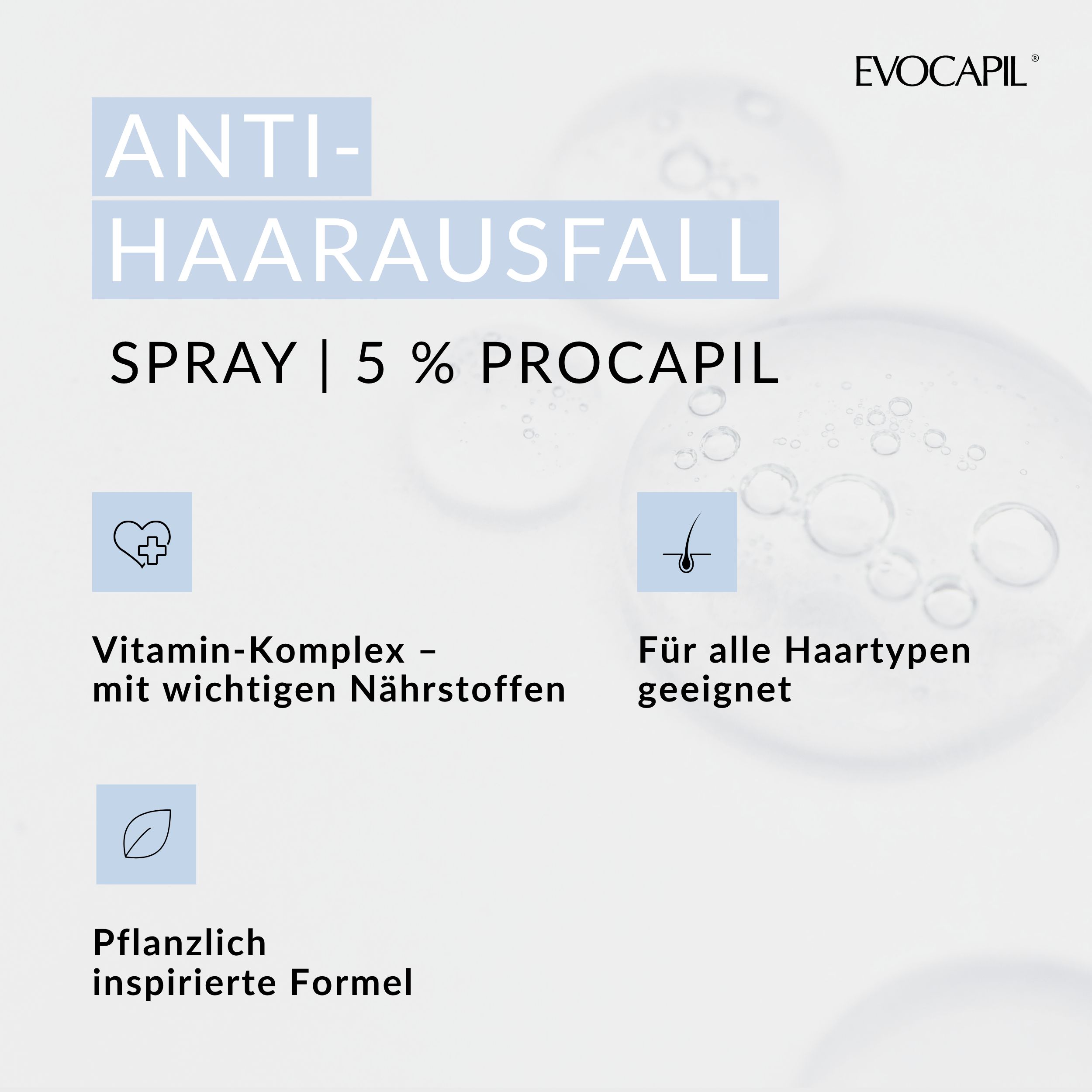 Spray gegen Haarausfall. Enthält 5% Procapil. Für alle Haartypen geeignet. Pflanzliche Formel.