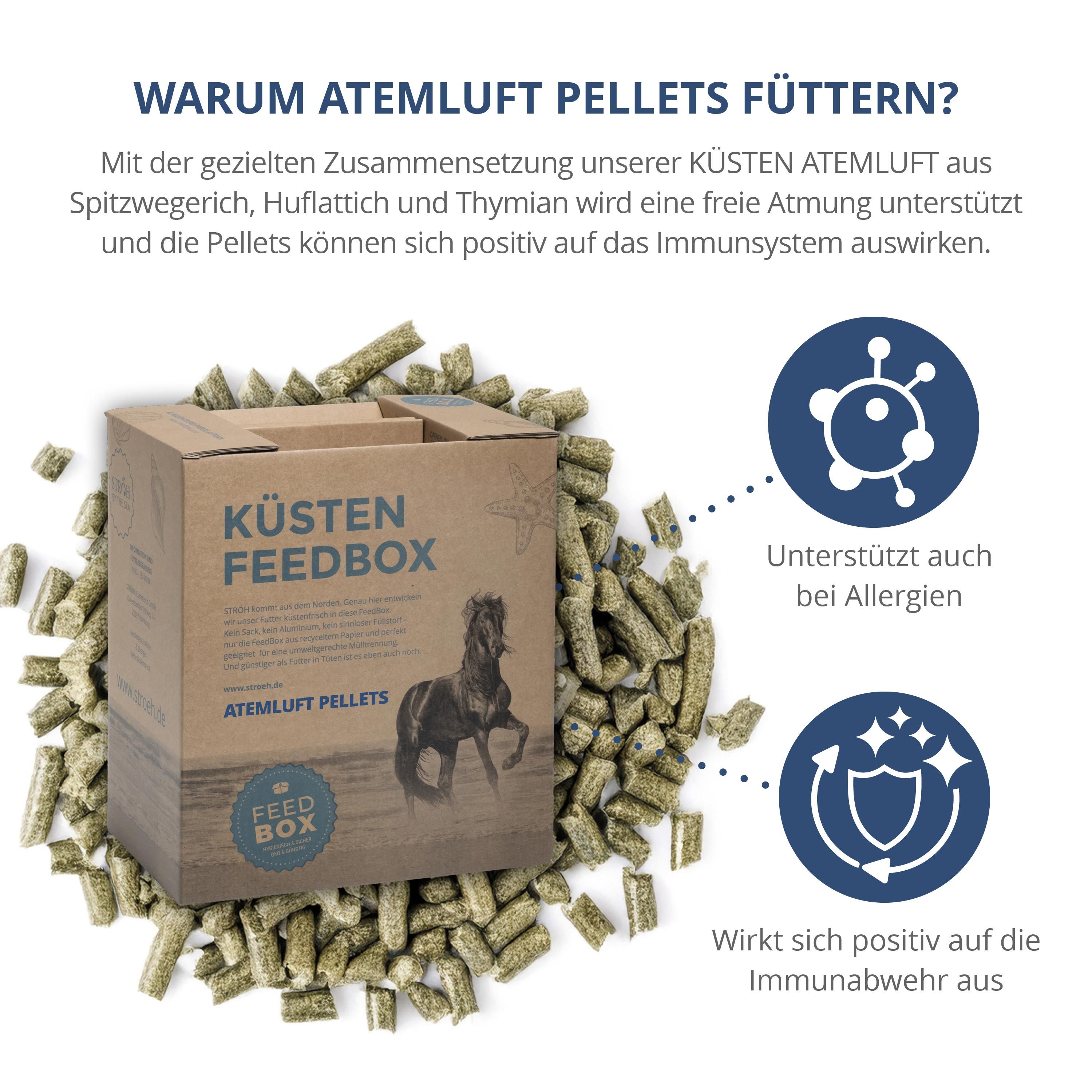 Karton "Küsten Feedbox" mit Pellets. Text: Warum Atemluft Pellets füttern? Grafiken. Pellets daneben.