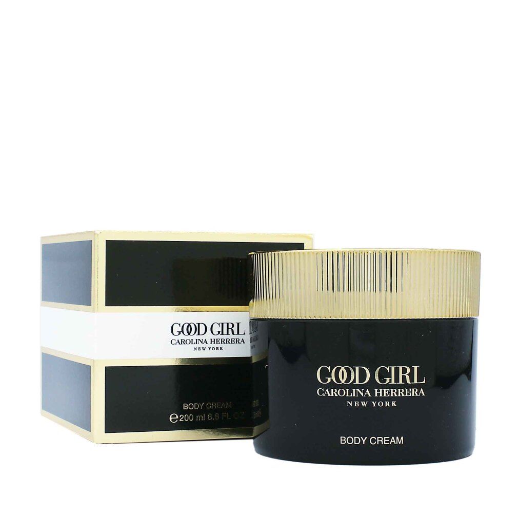 Körpercreme-Tiegel und Verpackung. Schwarze und goldene Box mit "Good Girl" Schriftzug.