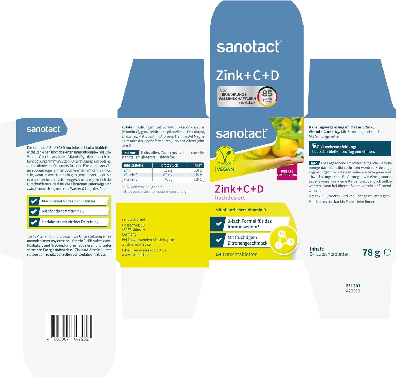 Zink+C+D hochdosiert-Verpackung. Enthält 54 Lutschtabletten. Vegan. Mit Vitamin D3. 3-fach Formel für das Immunsystem. Mit Zitronengeschmack.