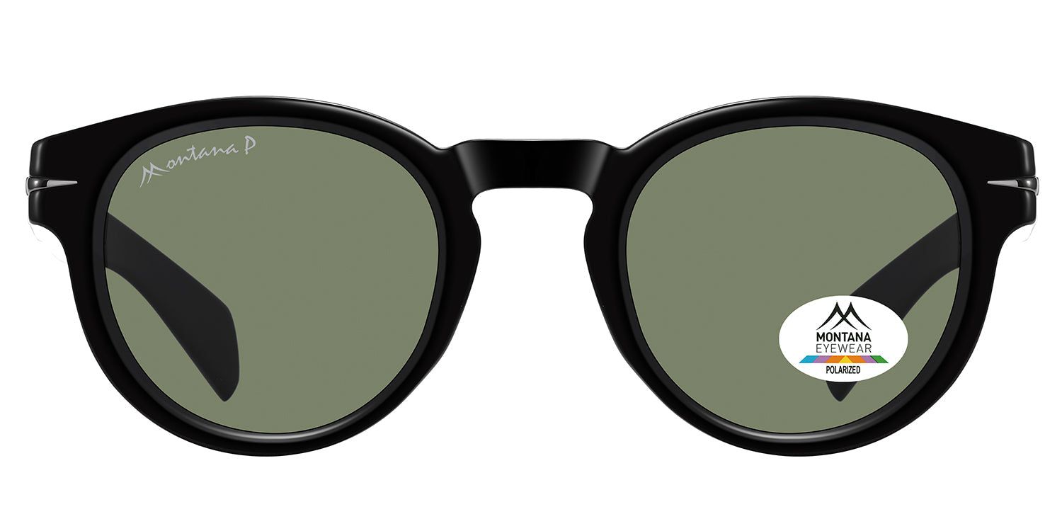 Schwarze Sonnenbrille mit runden Gläsern. Montana Eyewear Logo auf dem Bügel und Glas. Polarisierte Gläser.