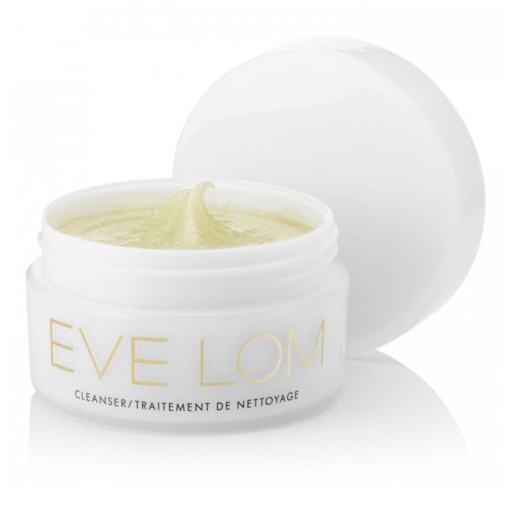Weißer Tiegel mit geöffnetem Deckel. Goldfarbener Schriftzug "EVE LOM". Darunter "CLEANSER/TRAITEMENT DE NETTOYAGE".