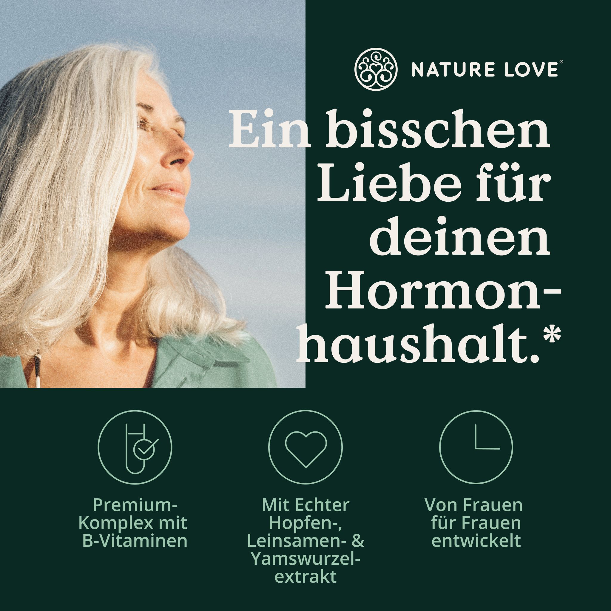 Eine Frau blickt nach oben, neben dem NATURE LOVE Logo und Text über Hormonhaushalt.