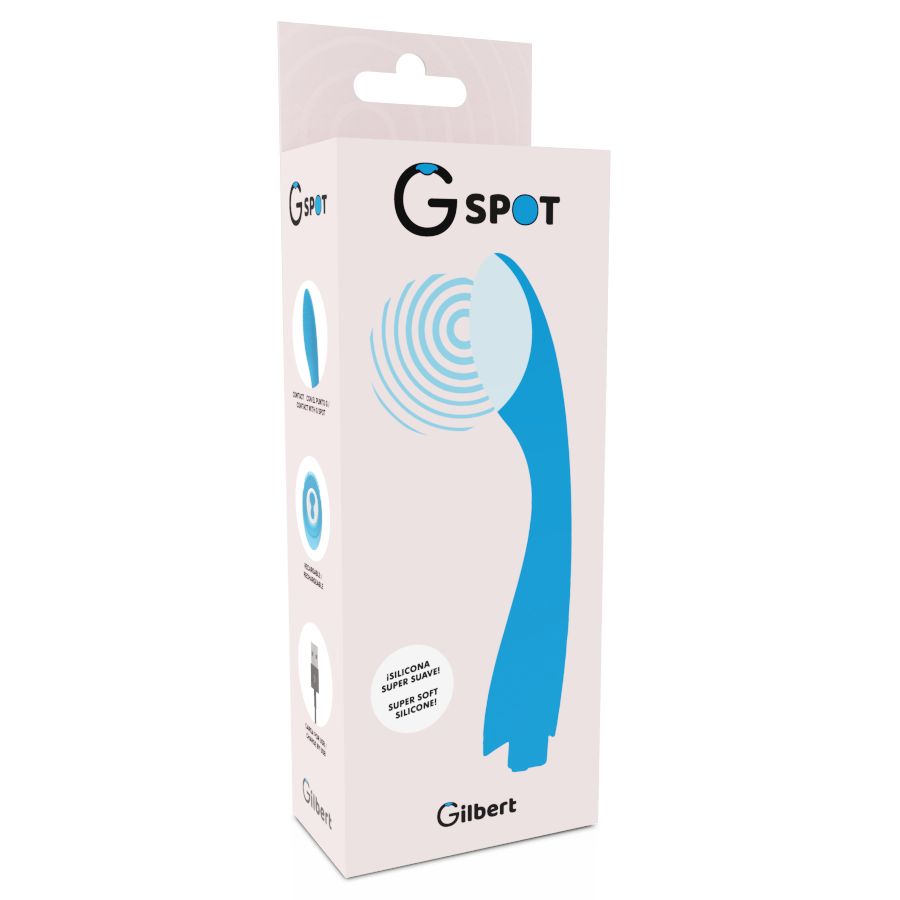 Produktverpackung mit blauem Vibrator. Marke G-Spot. Text: Super Soft Silicone. Weißer Hintergrund.