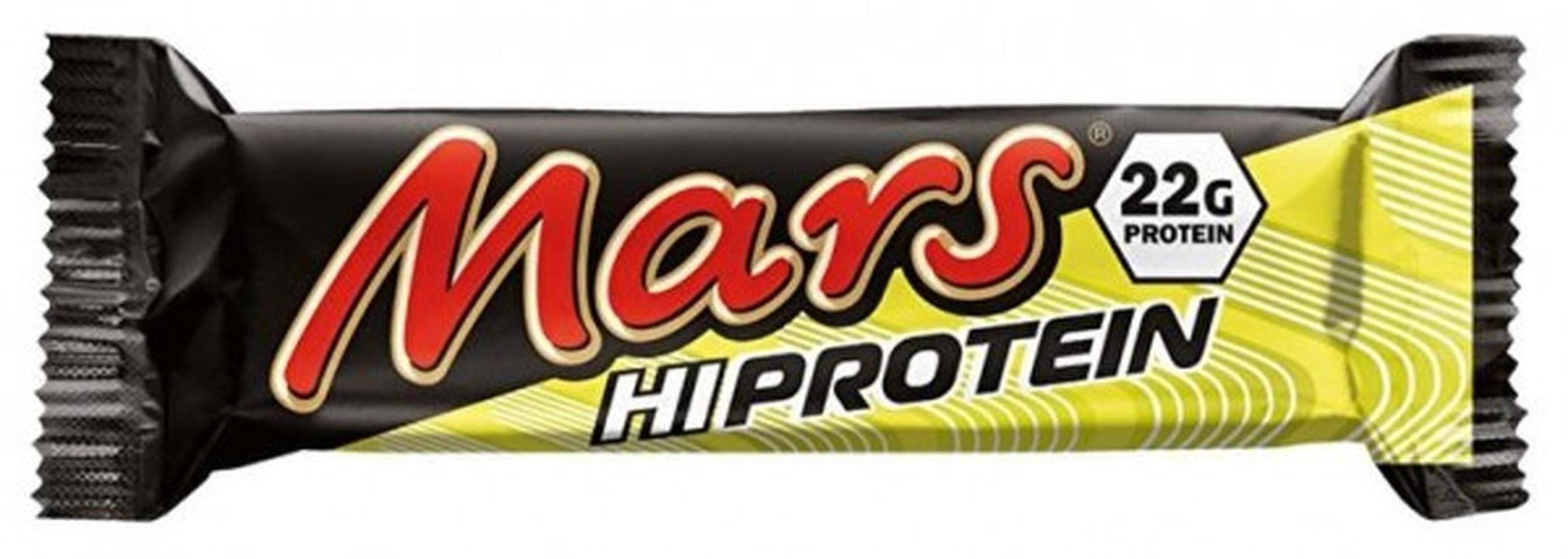Mars Hi-Protein Bar. Schwarze Verpackung mit rotem Logo und gelben Akzenten. Enthält 22g Protein.