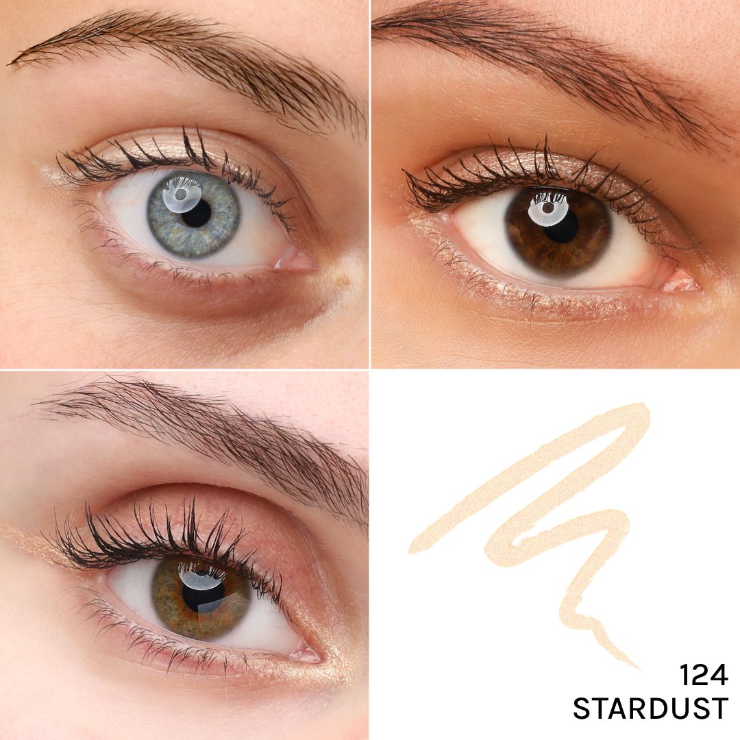 Vier Augenpartien. Unten rechts: Kajal-Strich, Farbton 124 Stardust.