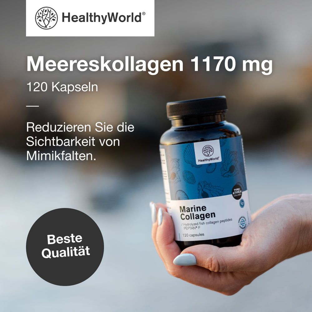 Hand hält Flasche mit Kapseln. Aufschrift: Meereskollagen 1170 mg, 120 Kapseln. HealthyWorld Logo. Beste Qualität.
