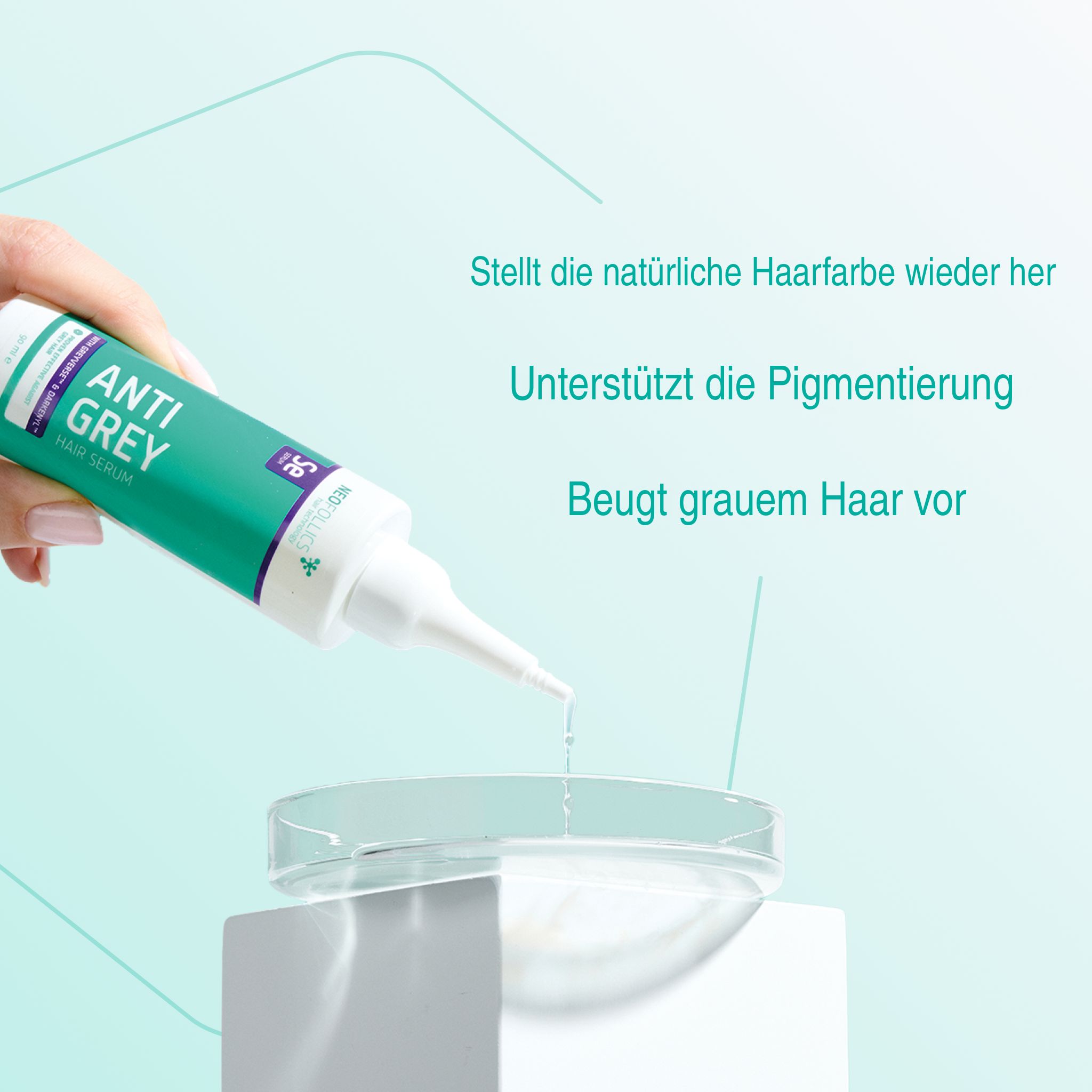 Tropfen von Neofollics Anti-Grauhaar-Serum werden in eine Petrischale getropft.