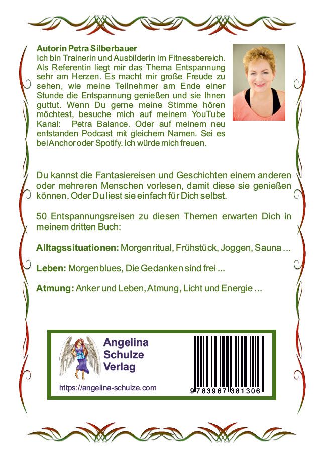 Buchrückseite: Text über Autorin und Inhalt. Barcode und Verlagslogo "Angelina Schulze Verlag".