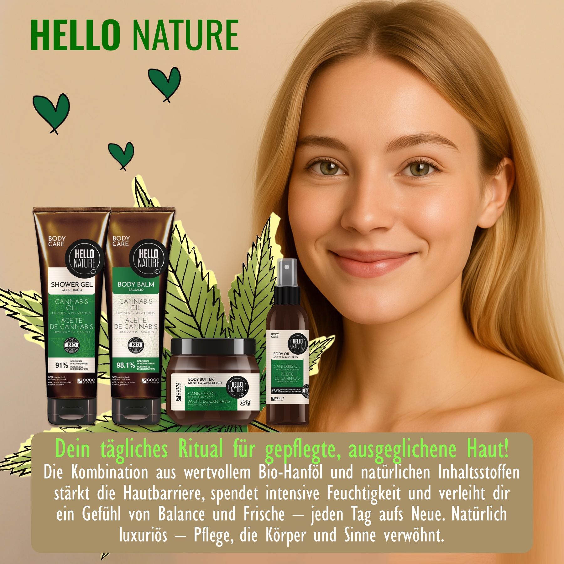 Frau mit Duschgel, Body Balm, Body Oil und Spray. Hello Nature. Cannabis Oil. Braune Verpackung. Bio-Siegel.